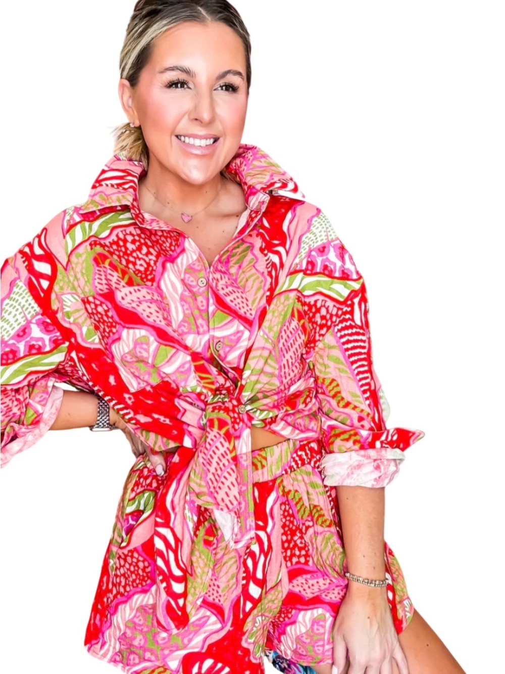 Peach Love SAY ALOHA RED TROPICAL GAUZE SHIRT/SHORTS SET